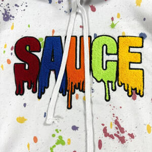 Sauce Graphic Hoodie Mens XL White Paint Splatter Streetwear Pullover Cozy Warm